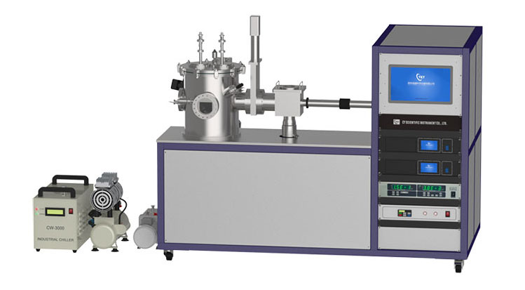 Double target magnetron sputtering coater with transition chamber