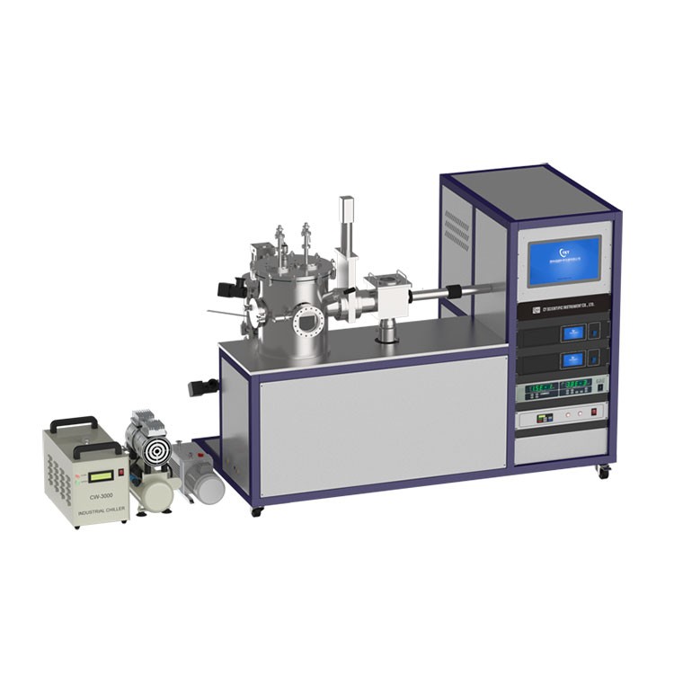 Double target magnetron sputtering coater with transition chamber